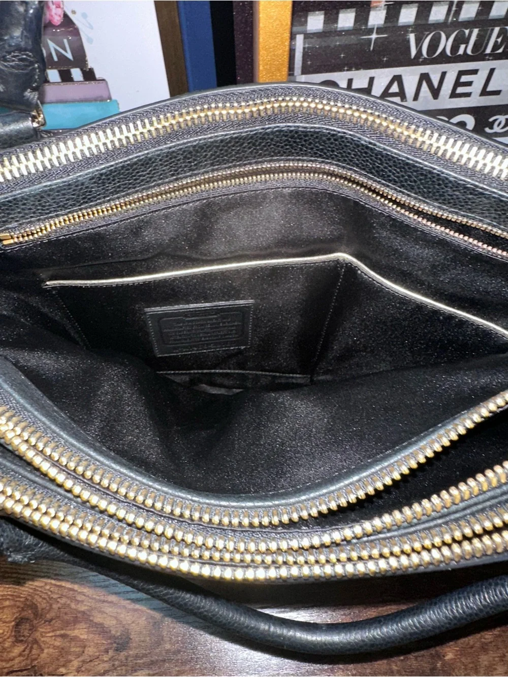 2014 Coach Borough Bag featuring gold-tone hardware and signature zipper pulls.